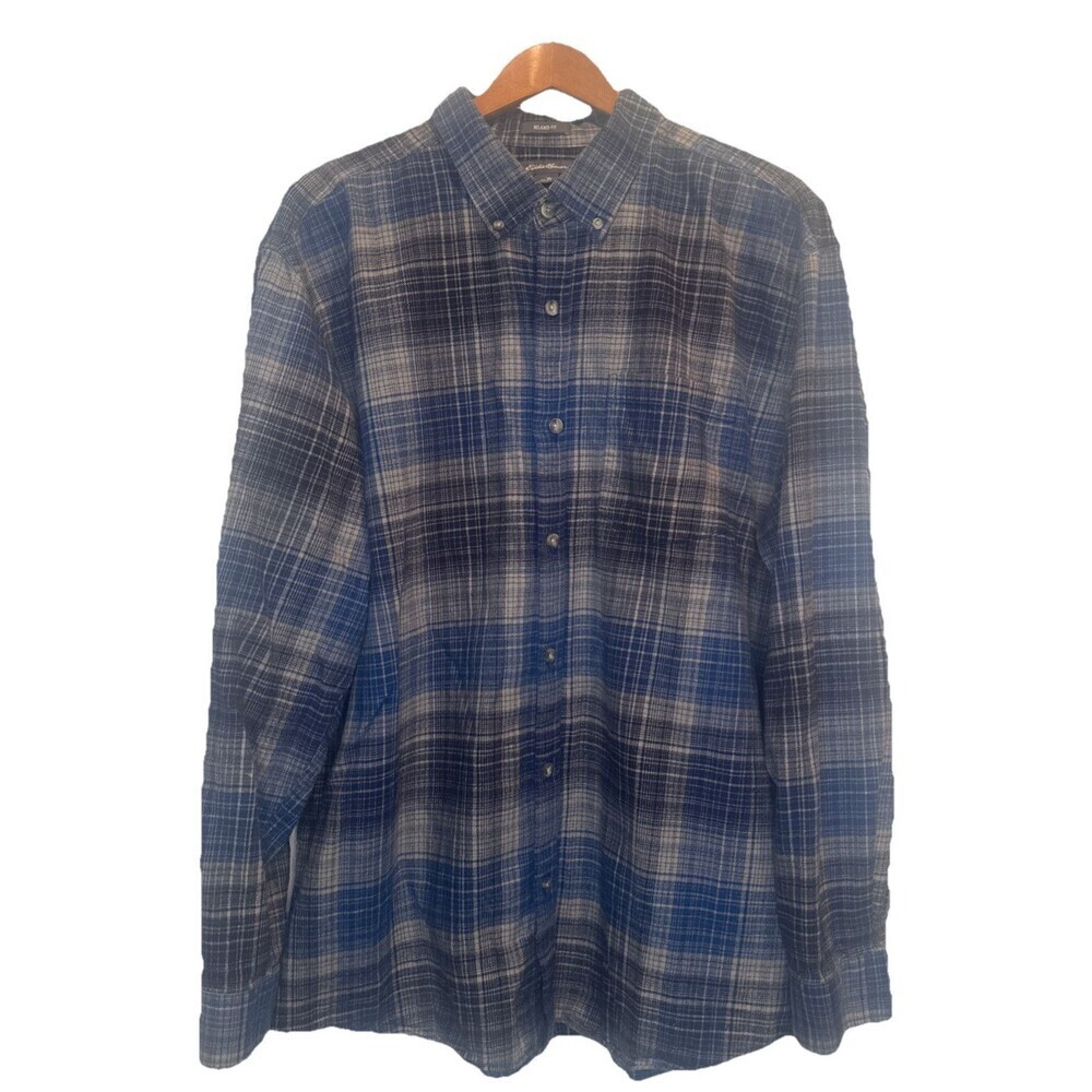 Eddie Bauer Mens BLUE GRAY Plaid Flannel Button Up Outdoor Workwear Casual Sz XL